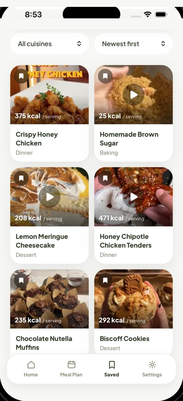 Low Cal Pal recipe library: a grid of imported recipes such as Crispy Honey Chicken, Lemon Meringue Cheesecake and Biscoff Cookies, each marked lightened with calories per serving.
