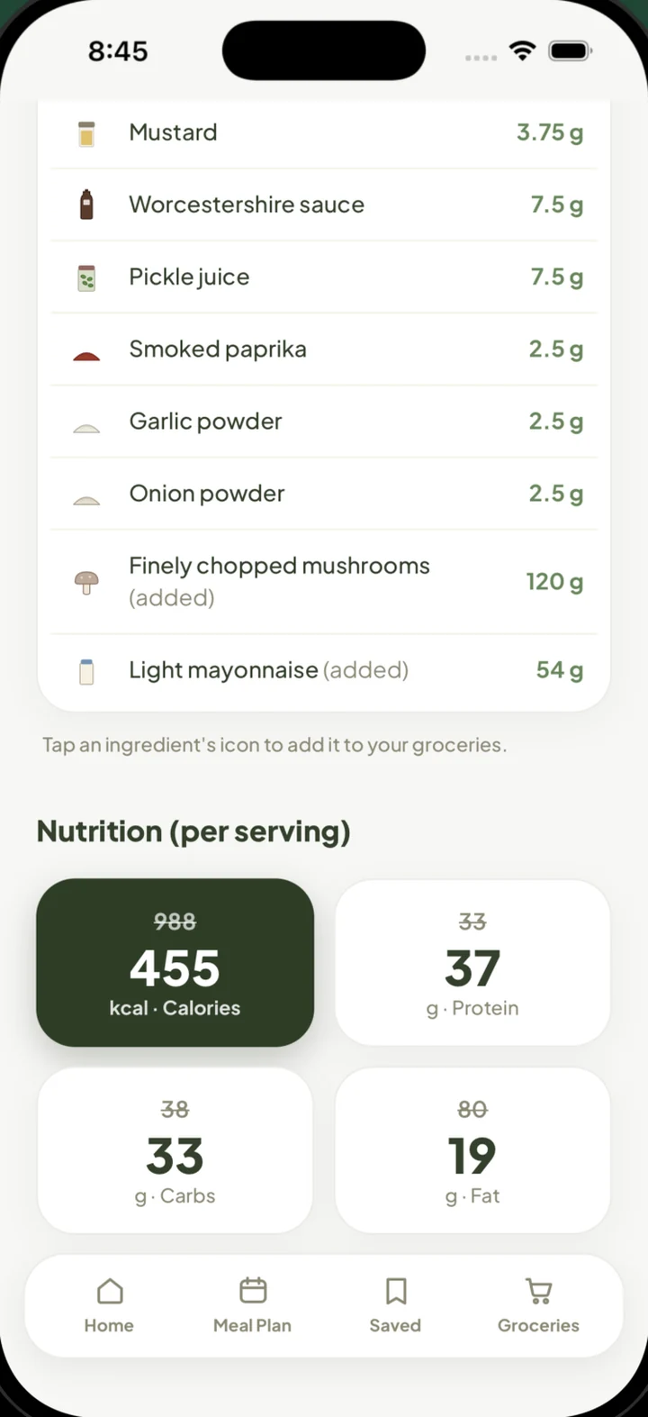 A lightened Low Cal Pal recipe: the full ingredient list with swapped-in lighter ingredients, and a per-serving nutrition panel showing calories cut from 988 to 455 alongside protein, carbs and fat.