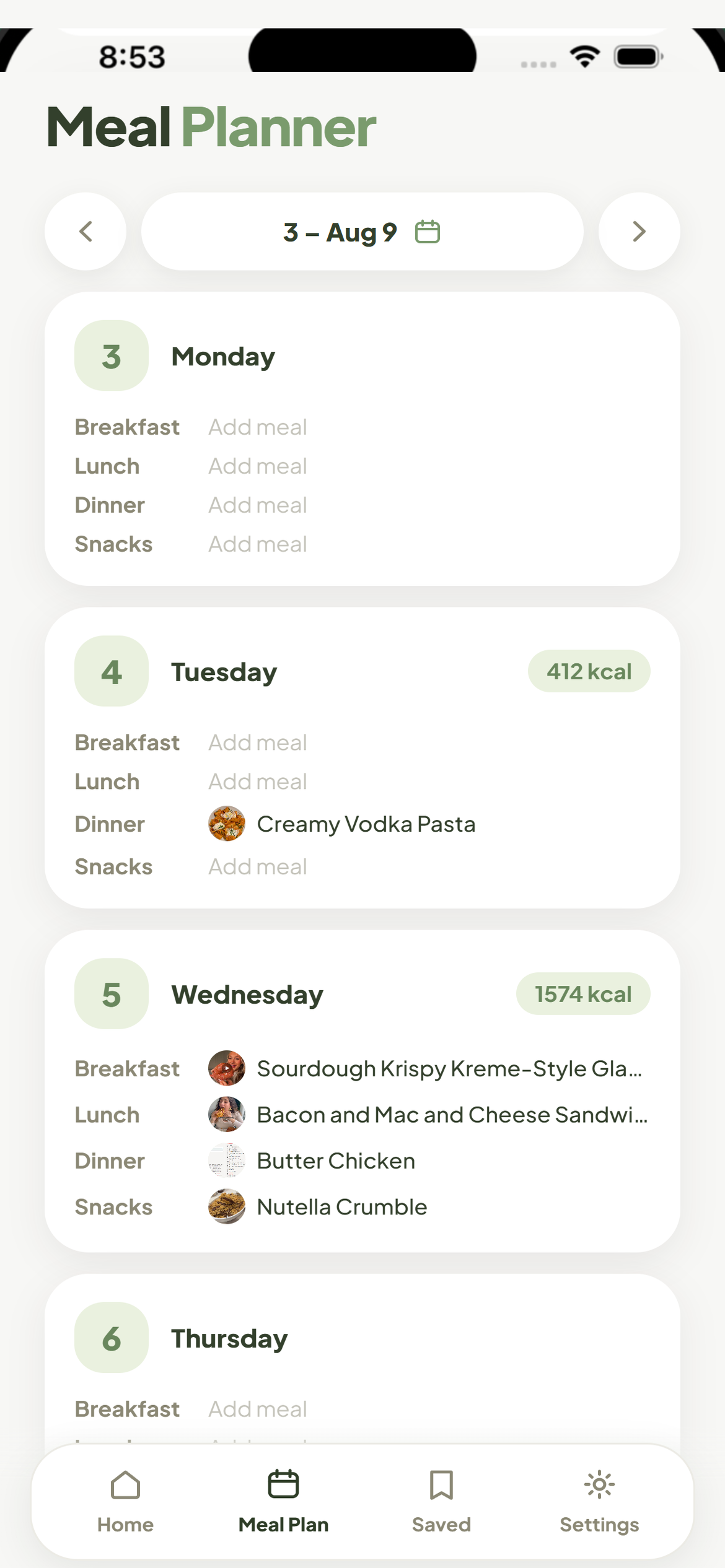 Low Cal Pal weekly meal planner showing meals assigned across days with a calorie total for each day.