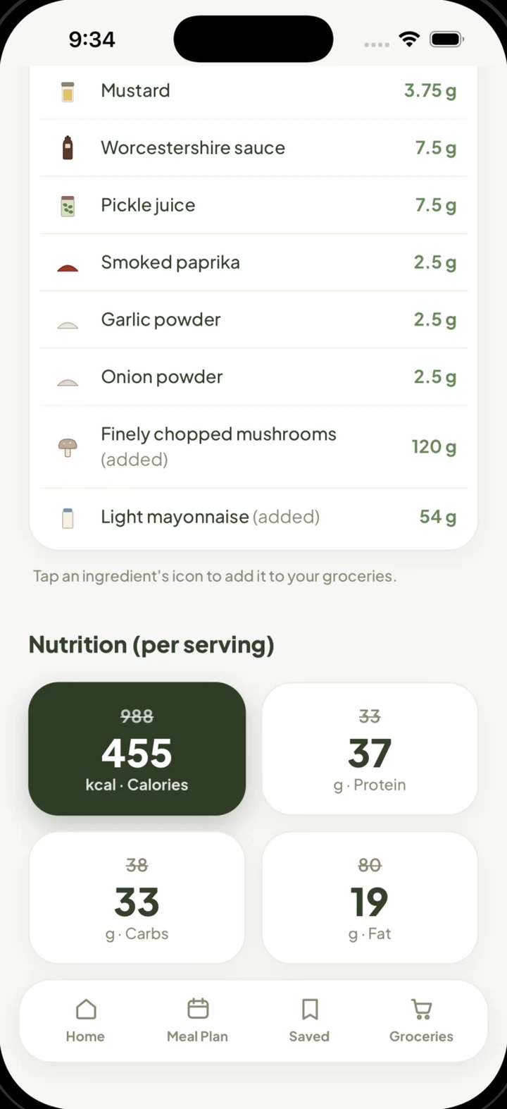 A lightened recipe's ingredient list with swapped-in lighter ingredients, and a per-serving nutrition panel showing calories cut from 988 to 455.