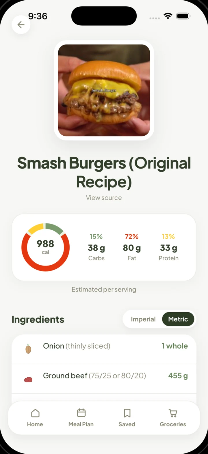 Smash Burgers recipe detail showing the original 988 calories per serving, a macro ring for carbs, fat and protein, and the ingredient list in metric.