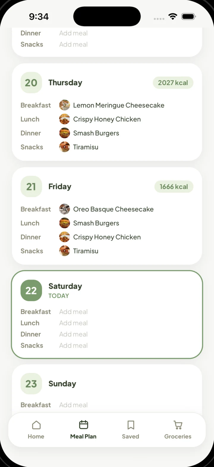 Low Cal Pal weekly meal planner with breakfast, lunch, dinner and snacks assigned across each day and a calorie total per day.