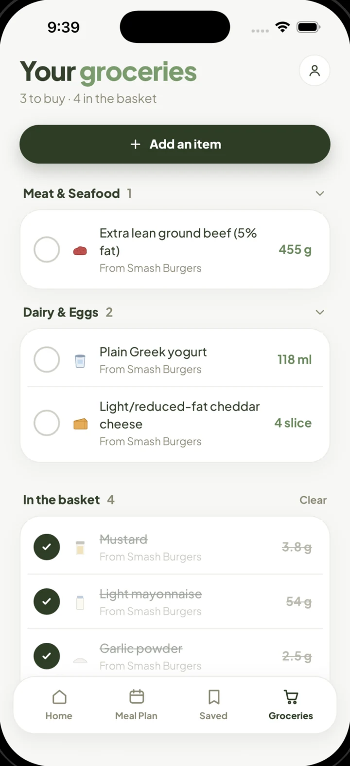 Low Cal Pal grocery list: ingredients grouped by aisle, pulled from saved recipes, with items ticked off into the basket.